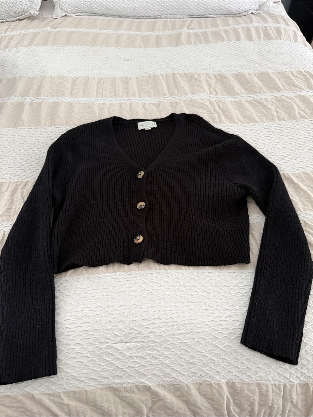 Kids Black Cropped V-Neck Button Cardigan Sweater
